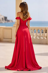 Rotes Schulterfreies Ballkleid aus Satin mit Schlitz